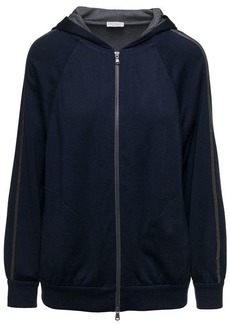Brunello Cucinelli Blue Hoodie with Monile Detail in Cotton and Silk Blend Woman