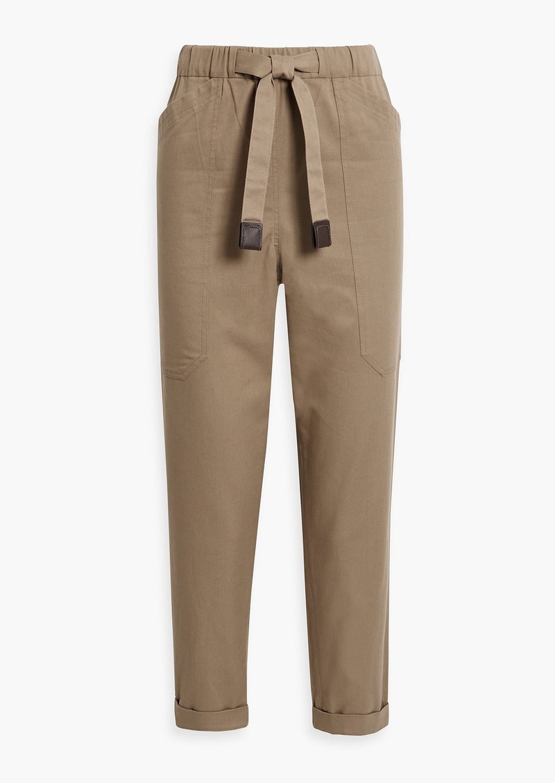 Brunello Cucinelli - Bead-embellished cotton-blend twill tapered pants - Neutral - IT 42