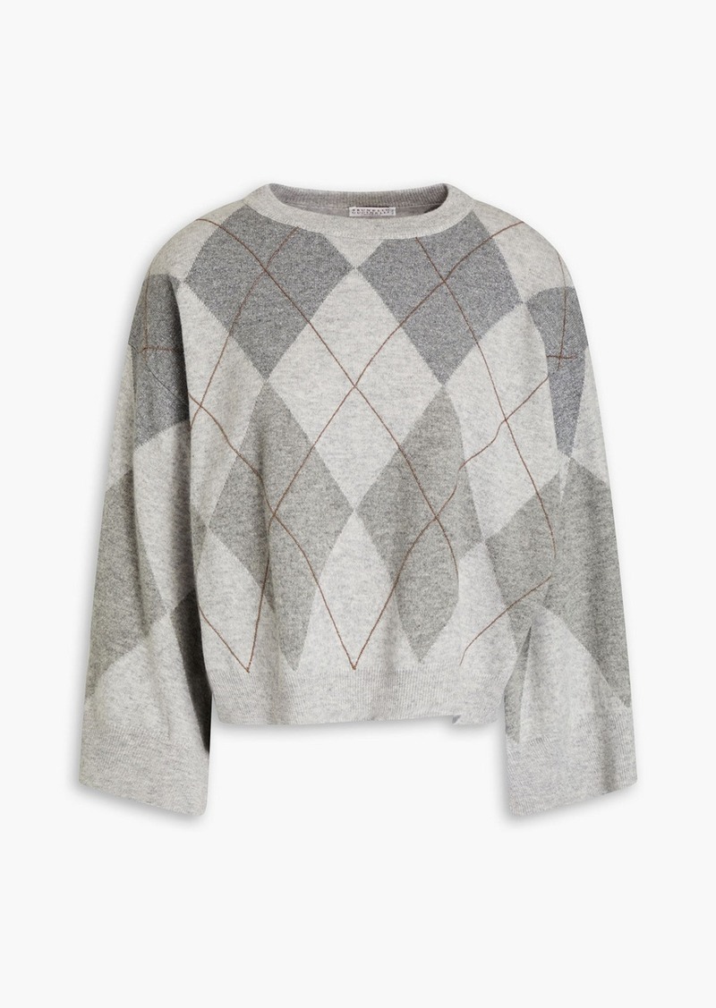 Brunello Cucinelli - Bead-embellished metallic argyle cashmere sweater - Gray - M