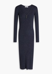 Brunello Cucinelli - Bead-embellished metallic ribbed-knit midi dress - Blue - M