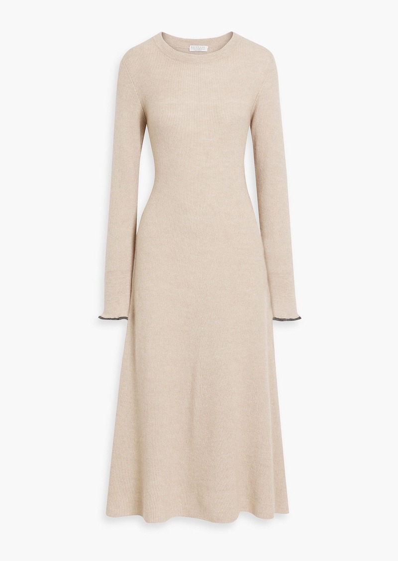 Brunello Cucinelli - Bead-embellished ribbed alpaca and cotton-blend midi dress - Neutral - M