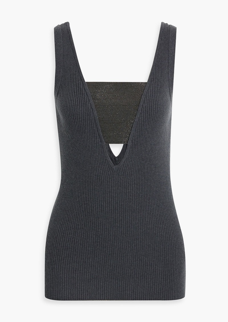 Brunello Cucinelli - Bead-embellished ribbed cashmere tank - Gray - M