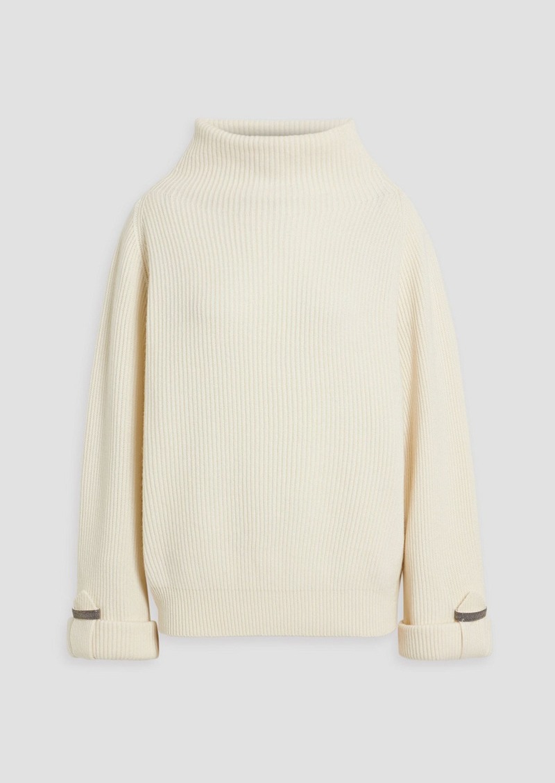 Brunello Cucinelli - Bead-embellished ribbed cashmere turtleneck sweater - White - M