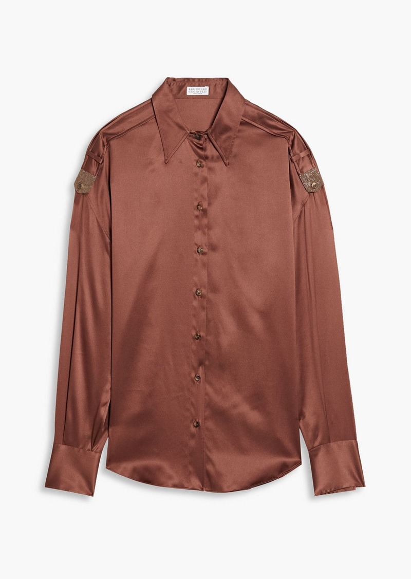 Brunello Cucinelli - Bead-embellished stretch-silk satin shirt - Brown - L