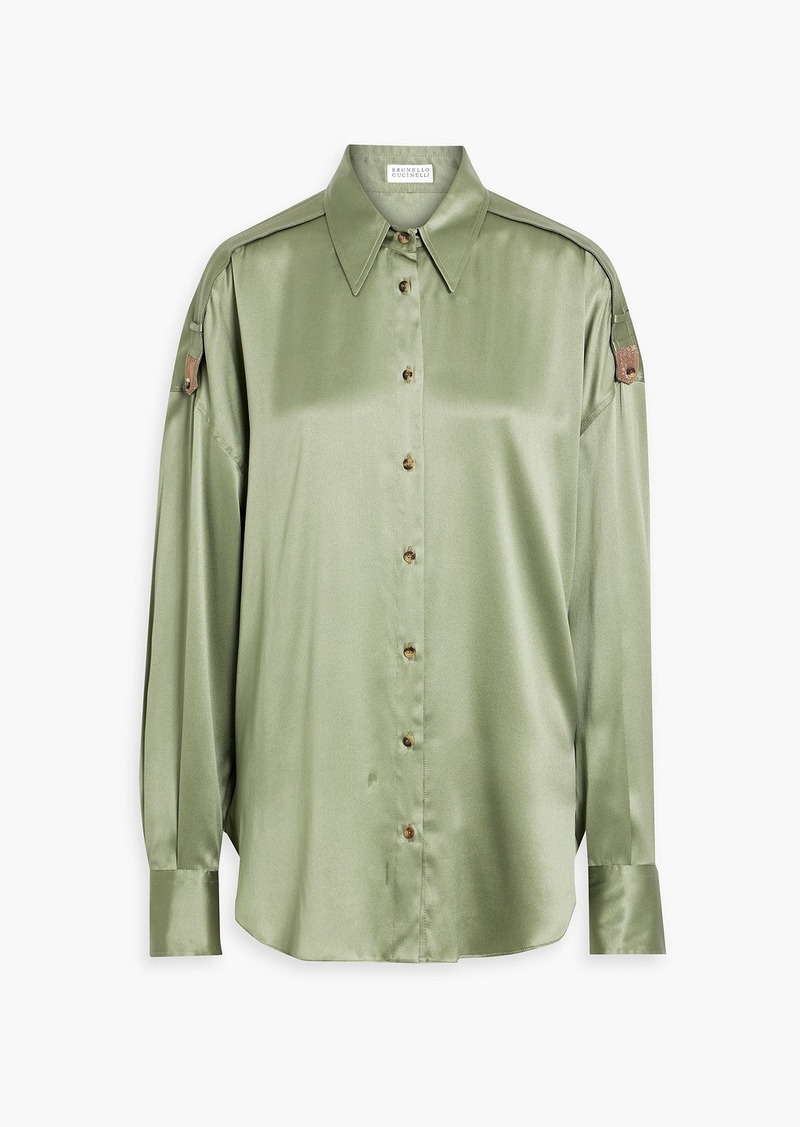 Brunello Cucinelli - Oversized bead-embellished stretch-silk satin shirt - Green - 3XL