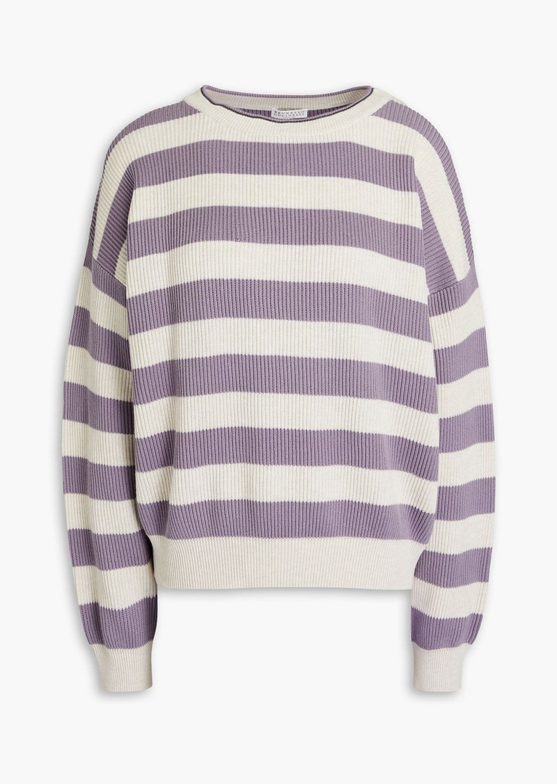 Brunello Cucinelli - Bead-embellished striped ribbed cotton sweater - Purple - M