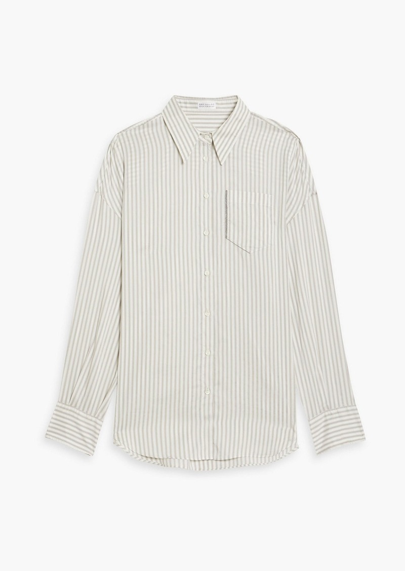 Brunello Cucinelli - Bead-embellished striped silk crepe de chine shirt - Gray - L