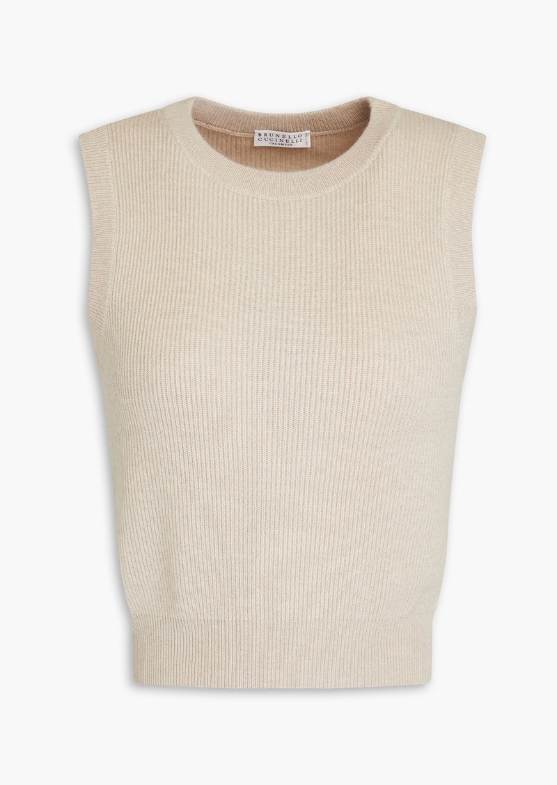 Brunello Cucinelli - Cropped bead-embellished ribbed cashmere top - Neutral - XS