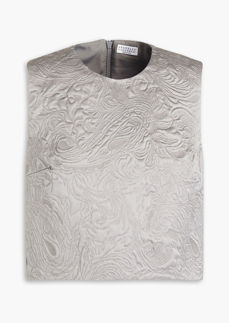 Brunello Cucinelli - Cropped embroidered silk-blend cloqué top - Gray - M
