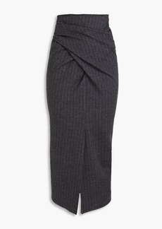 Brunello Cucinelli - Draped pinstriped wool and cotton-blend felt midi skirt - Gray - IT 42