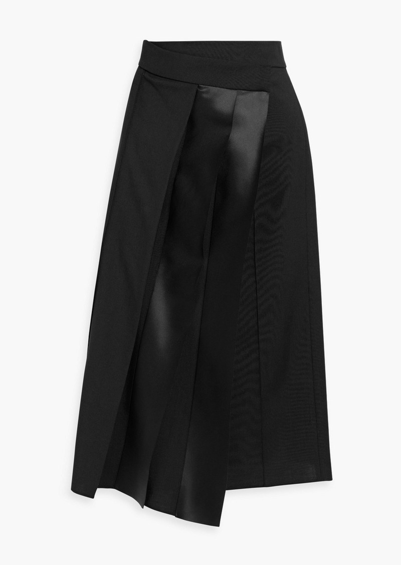 Brunello Cucinelli - Pleated satin-paneled wool midi wrap skirt - Black - IT 42