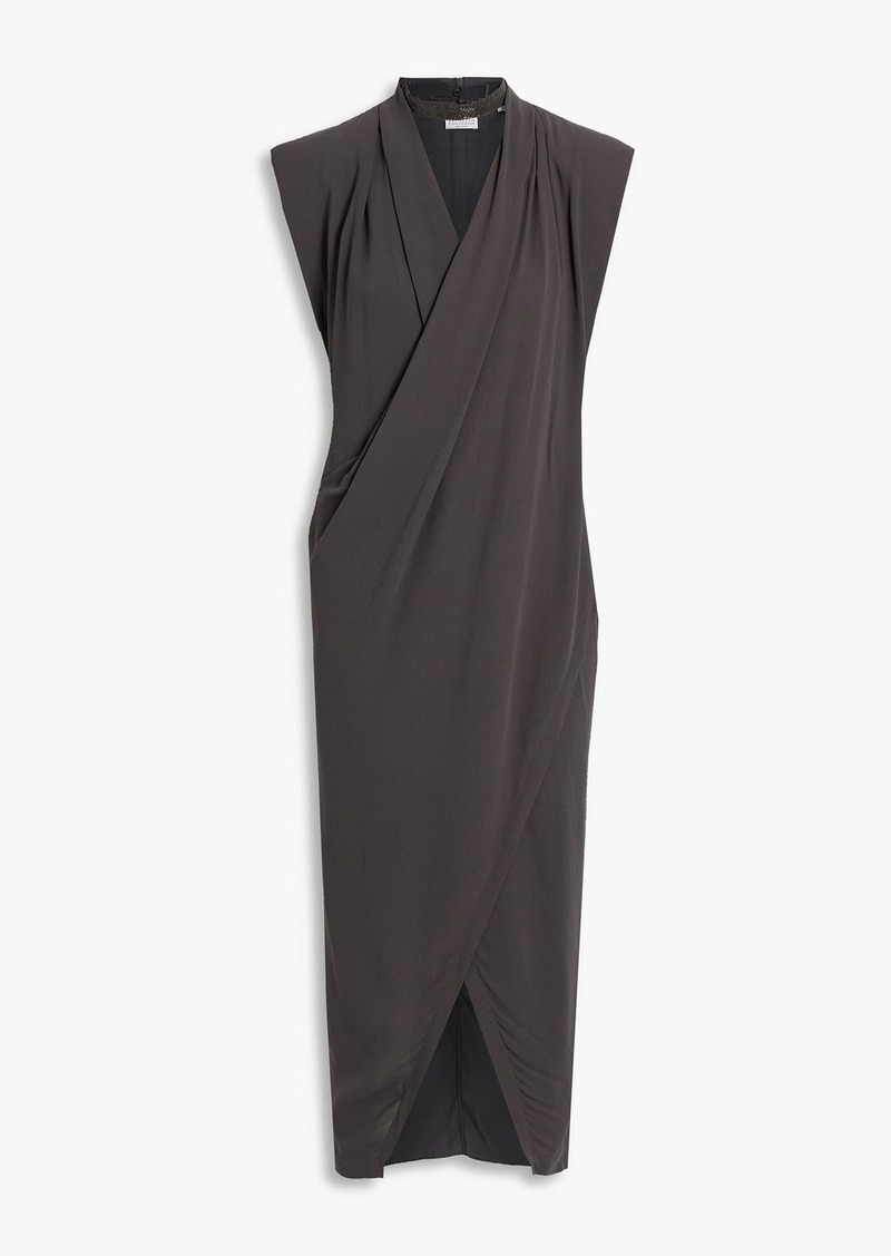 Brunello Cucinelli - Wrap-effect silk-crepe midi dress - Gray - M