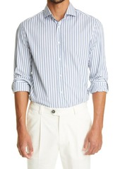 Brunello Cucinelli Basic Fit Stripe Cotton Button-Up Shirt in Blue at Nordstrom