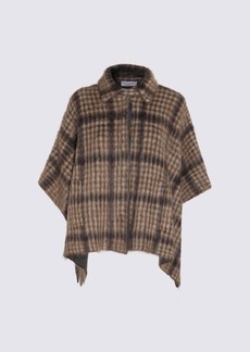 BRUNELLO CUCINELLI BROWN VIRGIN WOOL AND MOHAIR CHECK CAPE