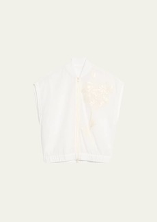 Brunello Cucinelli Crispy Silk Bomber Top with Magnolia Embroidery