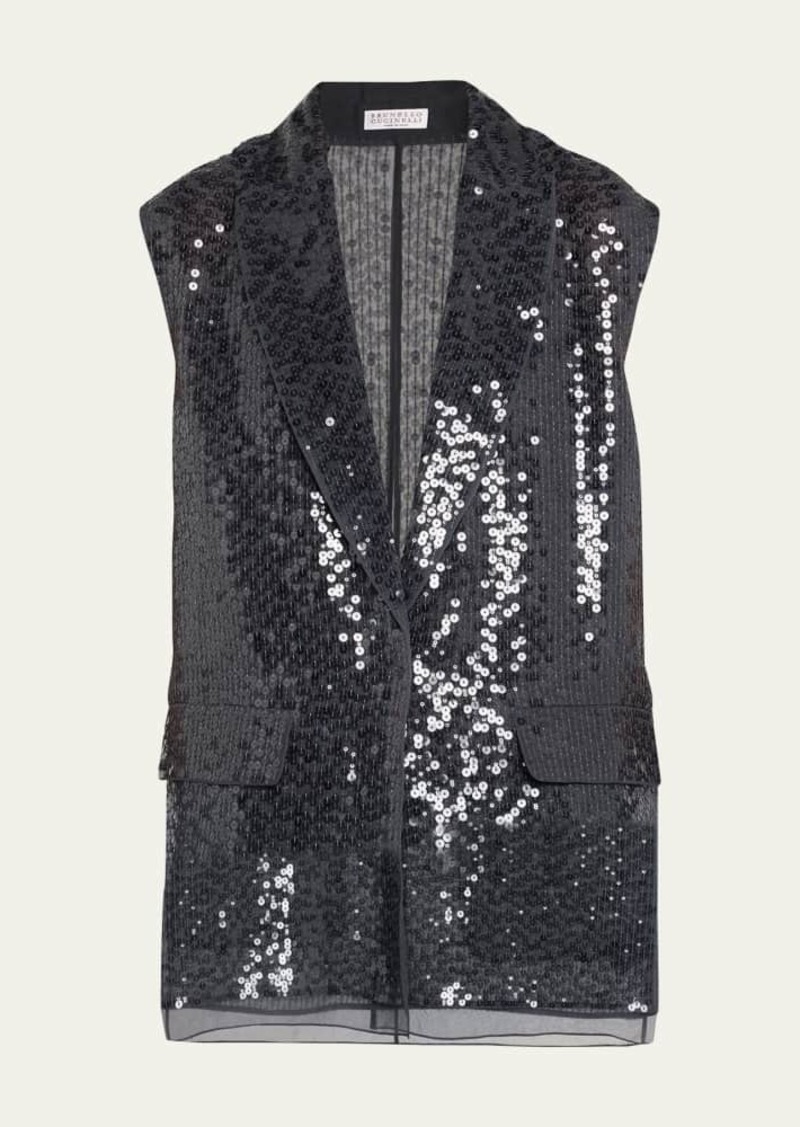 Brunello Cucinelli Crispy Silk Layered Long Paillette Vest