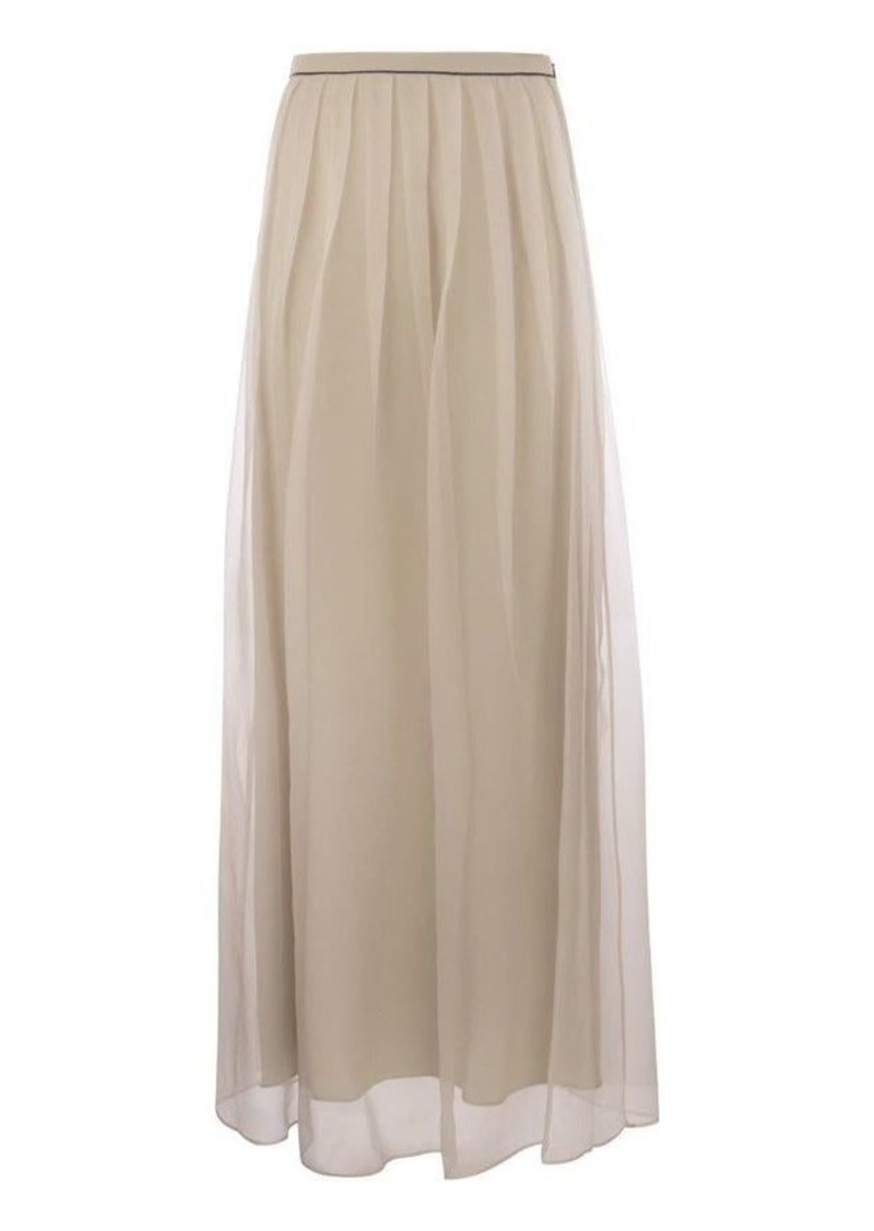 BRUNELLO CUCINELLI Crispy Silk Pleated Midi Skirt with Shiny Waistband