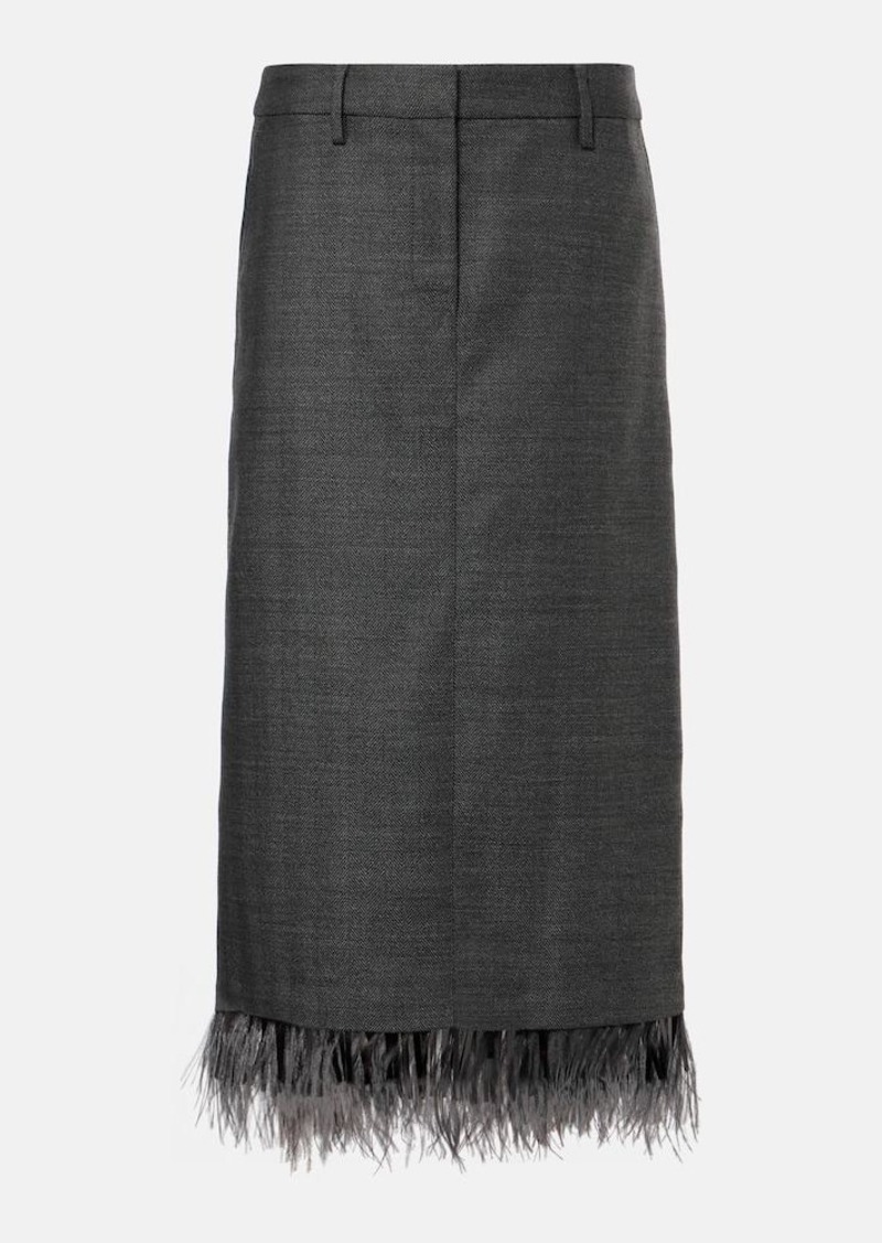 Brunello Cucinelli Feather-trimmed virgin wool midi skirt