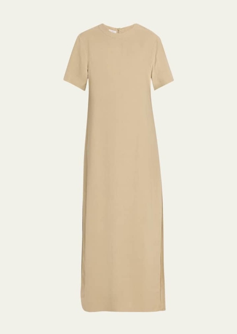 Brunello Cucinelli Fluid Linen Twill T-Shirt Dress with Slits and Monili Detail