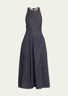 Brunello Cucinelli Glossy Denim Structured Midi Dress with Contrast Stitching
