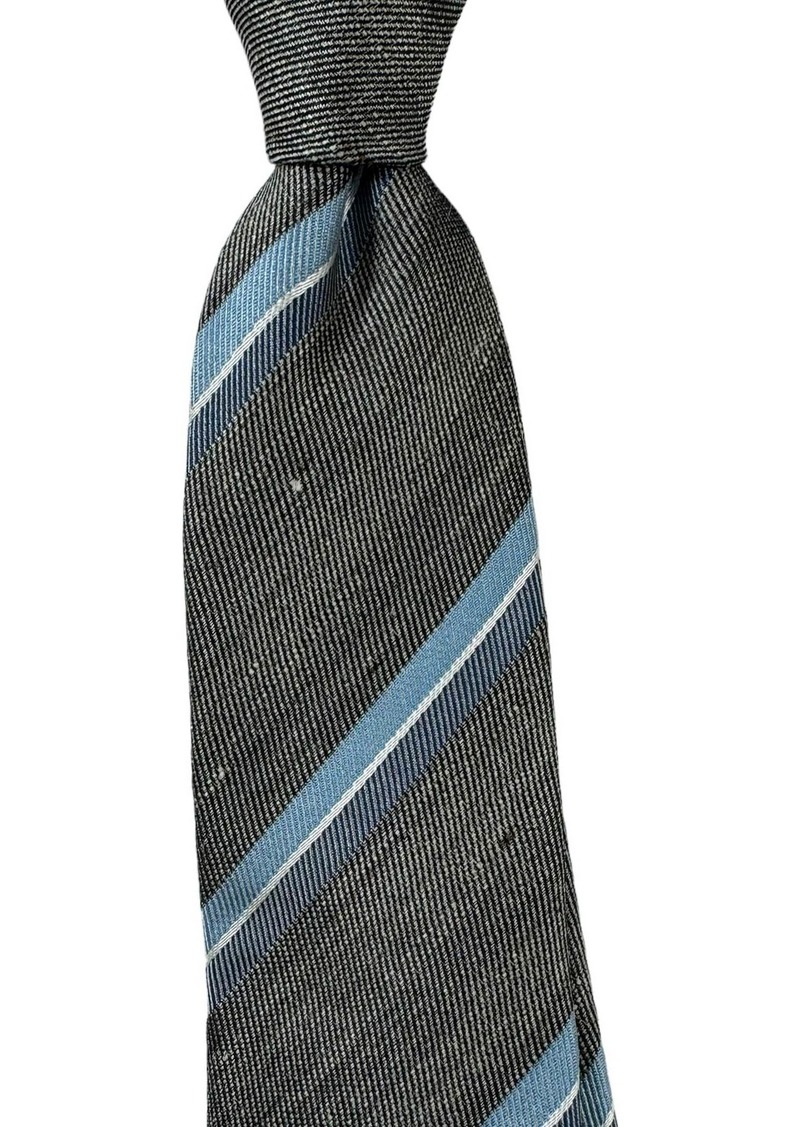 Brunello Cucinelli Grey Blue Striped Linen Silk Blend Men's Tie