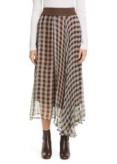 Brunello Cucinelli Leather Waist Gingham Pleated Silk Tulle Midi Skirt