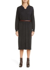 Brunello Cucinelli Long Sleeve Belted Wool & Cashmere Midi Sweater Dress