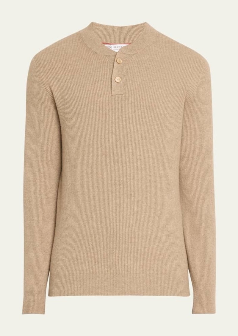 Brunello Cucinelli Men's Cashmere Ribbed Henley Sweater