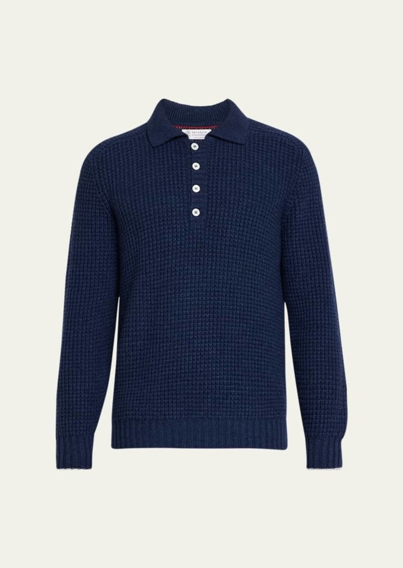 Brunello Cucinelli Men's Cashmere Waffle Stitch Polo Sweater