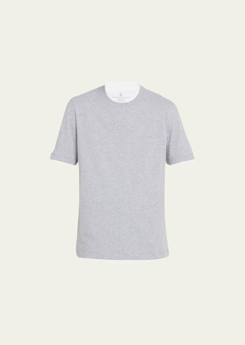 Brunello Cucinelli Men's Crewneck T-Shirt with Faux-Layering