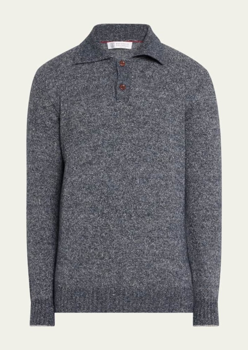 Brunello Cucinelli Men's Heathered Knit Polo Sweater