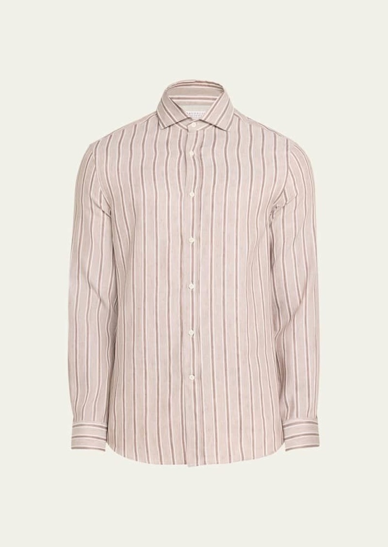 Brunello Cucinelli Men's Linen-Cotton Stripe Casual Button-Down Shirt