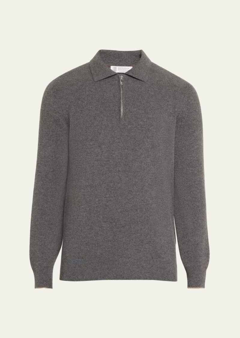 Brunello Cucinelli Men's Ribbed Cashmere Zip Polo Sweater