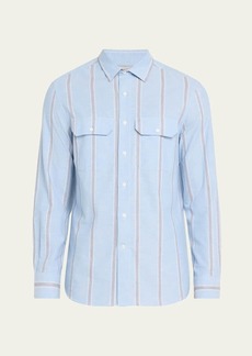 Brunello Cucinelli Men's Stripe Casual Button-Down Shirt with Pockets