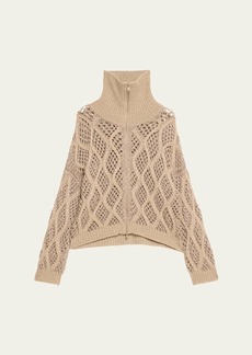 Brunello Cucinelli Opera Cashmere Cable and Net Zip-Up Cardigan with Paillette Details