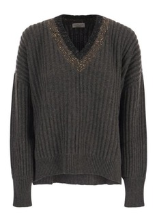 BRUNELLO CUCINELLI Ribbed cashmere sweater with Dazzling Neckline