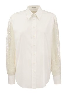 BRUNELLO CUCINELLI Stretch cotton poplin shirt with Crispy silk Broderie Anglaise sleeve