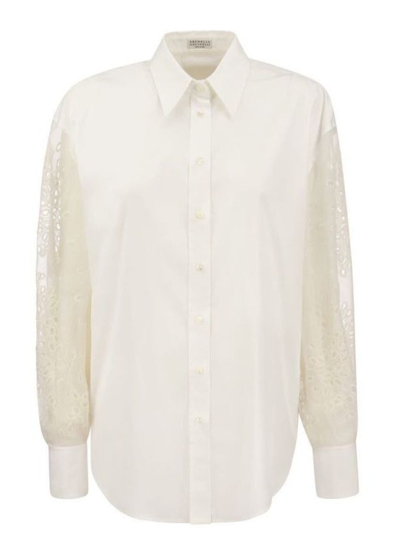 BRUNELLO CUCINELLI Stretch cotton poplin shirt with Crispy silk Broderie Anglaise sleeve