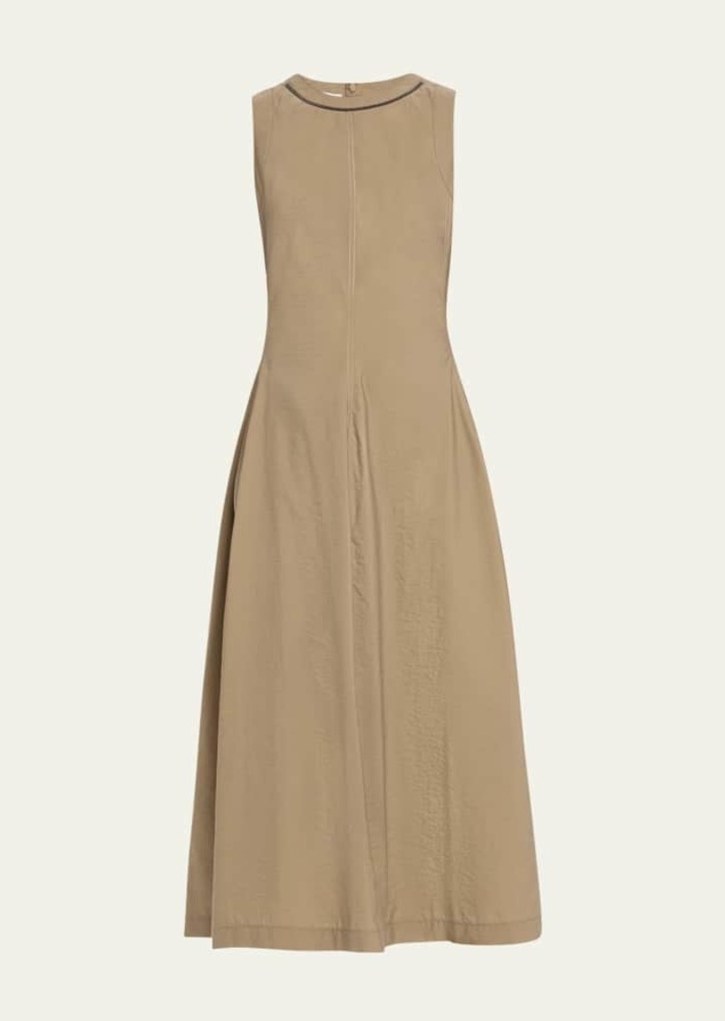 Brunello Cucinelli Techno Cotton Popeline Midi Dress with Monili Collar Detail