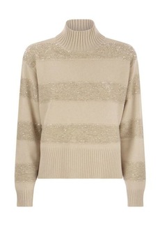 BRUNELLO CUCINELLI Virgin wool, cashmere and silk turtleneck sweater with Dazzling Mohair Stripes