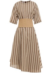 Brunello Cucinelli Woman Asymmetric Belted Striped Cotton And Silk-blend Midi Dress Brown