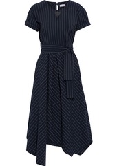 Brunello Cucinelli Woman Bead-embellished Pinstriped Cotton-blend Poplin Midi Dress Midnight Blue