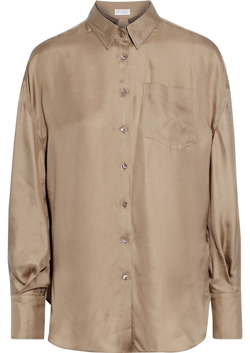 Brunello Cucinelli - Bead-embellished silk-satin twill shirt - Neutral - M