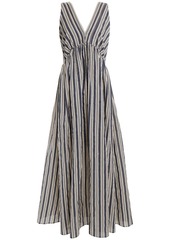 Brunello Cucinelli Woman Bead-embellished Striped Cotton And Silk-blend Maxi Dress Dark Gray