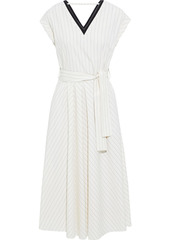 Brunello Cucinelli Woman Belted Bead-embellished Pinstriped Cotton-blend Midi Dress Off-white