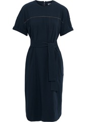 Brunello Cucinelli Woman Belted Bead-embellished Stretch-cotton Jersey Dress Navy