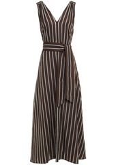 Brunello Cucinelli Woman Belted Bead-embellished Striped Cotton Midi Dress Brown