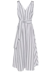 Brunello Cucinelli Woman Belted Bead-embellished Striped Cotton-poplin Midi Dress White