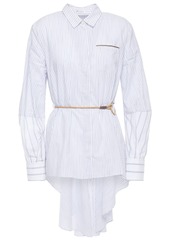 Brunello Cucinelli Woman Belted Bead-embellished Striped Cotton-poplin Shirt White