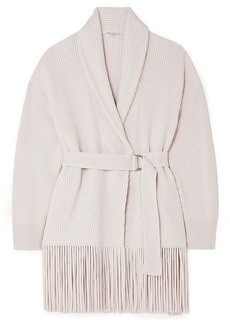 Brunello Cucinelli - Belted fringed ribbed cashmere cardigan - White - L